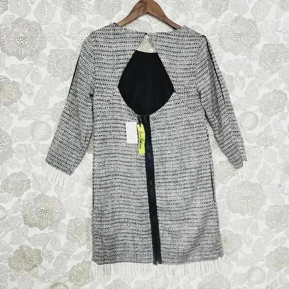 NWT Sam Edelman Tweed Scoop Neck Back Keyhole/ Full Zip Fringe Mini Dress M - Picture 2 of 12